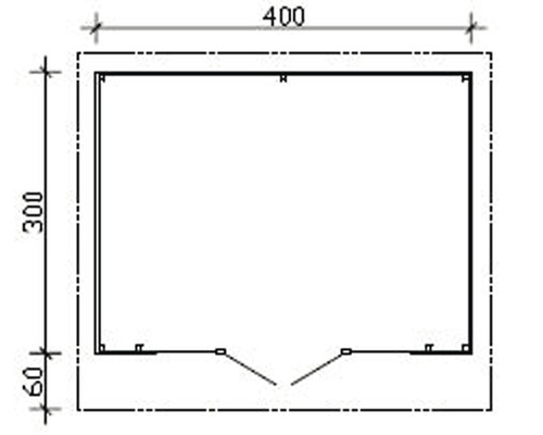 Technische tekening van een tuinhuis met afmetingen van 400 bij 300 centimeter