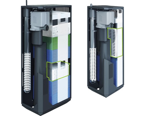 Interne filters voor aquaria in dwarsdoorsnede met filtermedia
