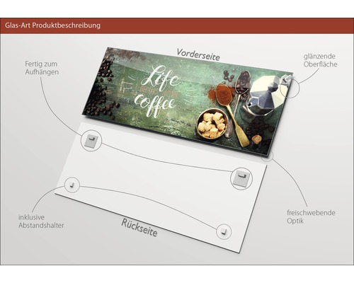 Glazen schilderij met de opdruk Life begins after coffee, inclusief afstandhouders en glanzend oppervlak