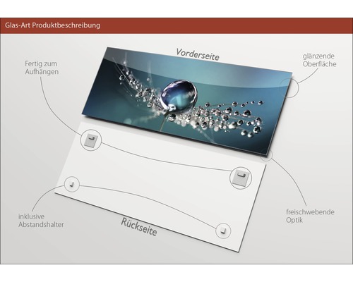 Glazen foto met waterdruppelmotief, inclusief afstandhouders, klaar om op te hangen, glanzend oppervlak