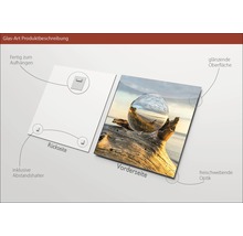 Productbeschrijving glasfoto met ophangsysteem, afstandhouders en glanzend oppervlak
