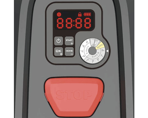 Bedieningspaneel van een robotmaaier met digitaal display, startknop, stopknop en tijdinstelling