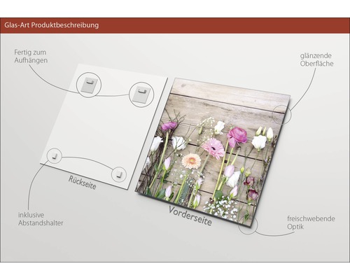 Glazen foto met bloemmotief, inclusief afstandhouder voor ophanging