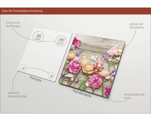 Glazen foto met bloemmotief en ophangsysteem aan de achterkant