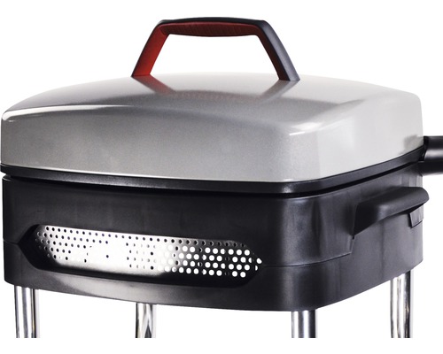 Gedetailleerde weergave van een elektrische grill met deksel en handvat