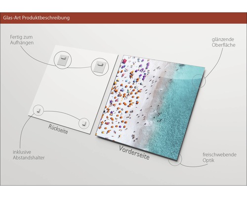 Glazen schilderij met strandmotief, inclusief ophangsysteem en afstandhouder