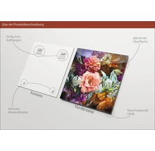 Glazen schilderij met bloemmotief, inclusief muurbeugel en afstandhouder