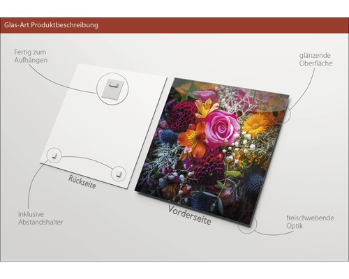 Glazen schilderij met bloemmotief en ophangsysteem