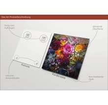 Glazen schilderij met bloemmotief, inclusief afstandhouder en ophangsysteem
