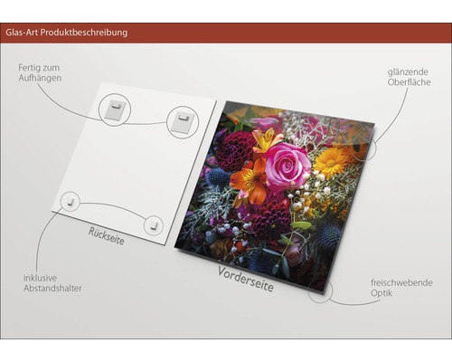 Glazen schilderij met bloemmotief, inclusief afstandhouder en ophangsysteem