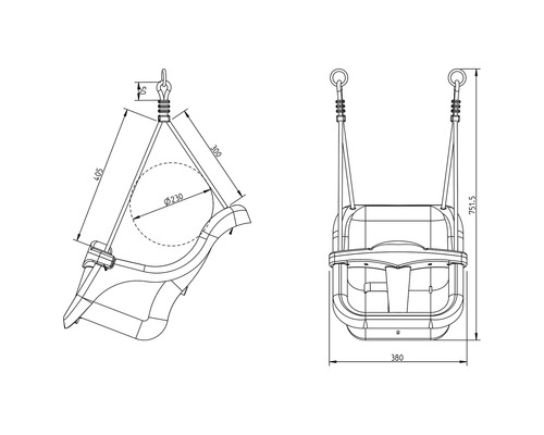 Technische tekening van een baby schommel met afmetingen