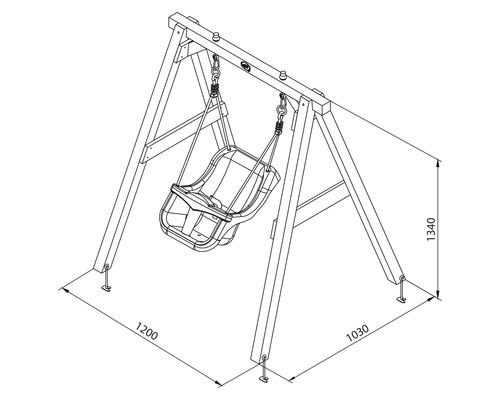 Technische tekening van een kinderschommel met afmetingen.