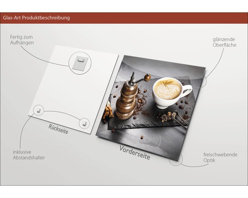 Glasfoto met koffiemotief, inclusief muurbeugel