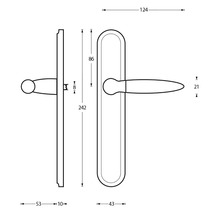 Technische tekening van een deurgreep met afmetingen