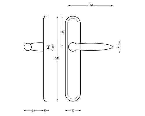 Technische tekening van een deurgreep met afmetingen