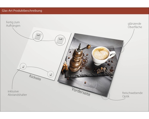 Glazen foto met koffiemotief, inclusief afstandhouders en ophanging
