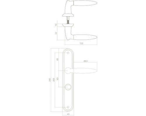 Technische tekening van een deurklink met afmetingen