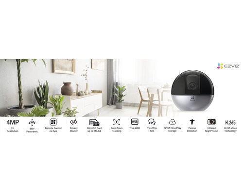 EZVIZ logo en beveiligingscamera met functies voor panorama, tweewegcommunicatie, cloudopslag en nachtzicht