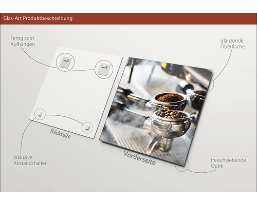 Glazen foto met koffiemotief, inclusief ophangsysteem en afstandhouders