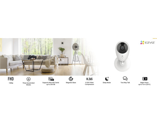 EZVIZ logo. Interieur met EZVIZ beveiligingscamera met functies zoals Full HD, tweeweg audio en nachtzicht.