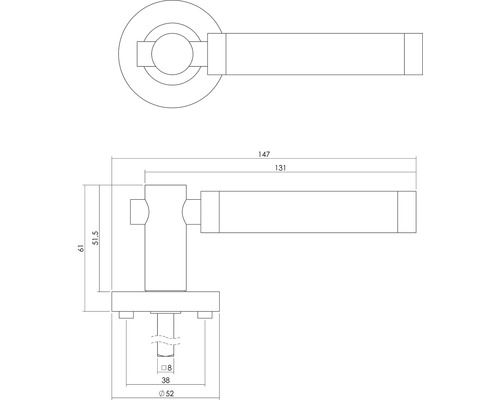 Technische tekening van een deurklink met maatvoering.