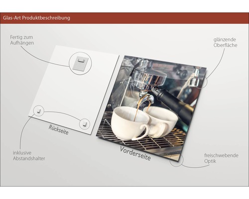 Glaskunst afbeelding met koffiebereiding, inclusief ophangsysteem en afstandhouders