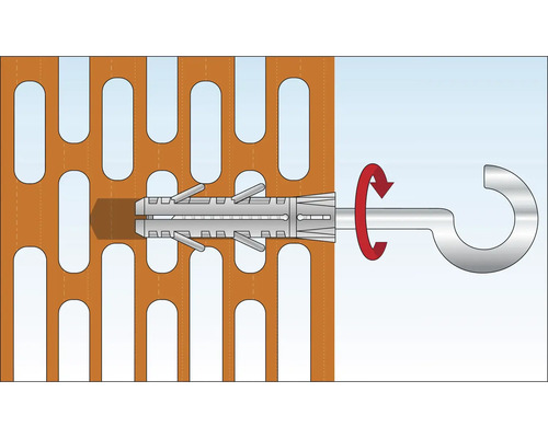 Bevestiging van een hollewandplugschroef in een geperforeerde bakstenen muur met rode pijl