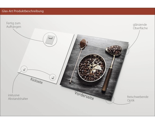 Glazen foto met koffiemotief, inclusief ophangsysteem en afstandhouders