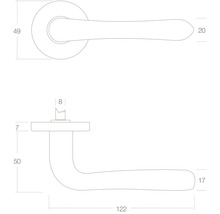 Technische tekening van een deurklink met maataanduidingen