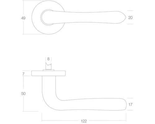 Technische tekening van een deurklink met maataanduidingen