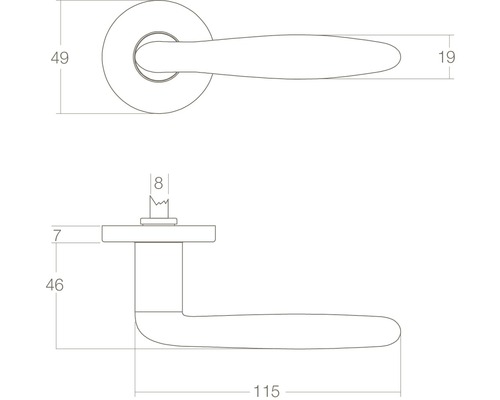 Technische tekening van een deurklink met maatvoering