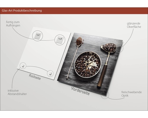 Glazen schilderij met koffiebonenmotief, inclusief afstandhouders voor wandmontage