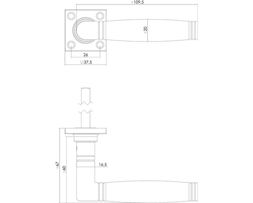 Technische tekening van een deurklink met maatvoering