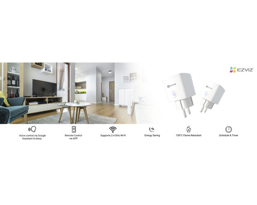 Twee slimme stekkers in een woonomgeving met spraakbesturing, app-besturing, wifi-ondersteuning, energiebesparingsfunctie, vlamvertragend en timerfunctie.