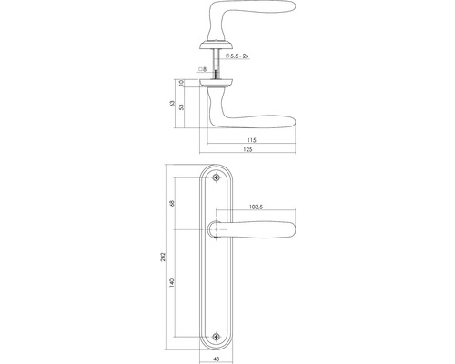 Technische tekening van een deurklink met afmetingen