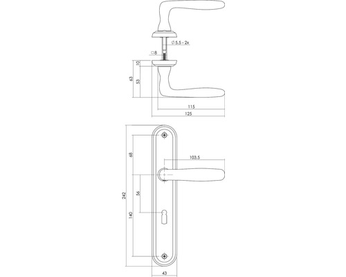 Technische tekening van een deurklink met afmetingen