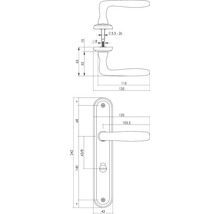 Technische tekening van een deurkruk met afmetingen.
