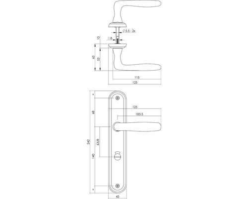 Technische tekening van een deurkruk met afmetingen.
