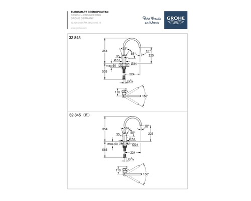 Technische tekening van een Grohe Eurosmart Cosmopolitan kraan met afmetingen