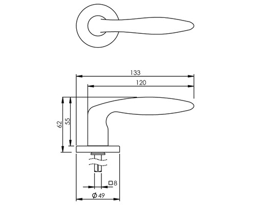 Technische tekening van een deurklink met afmetingen