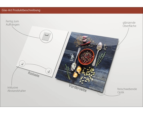 Glasafbeelding met specerijen op een donkere houten achtergrond, inclusief ophanging en afstandhouders