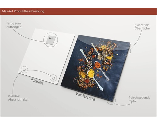 Glasfoto productbeschrijving: Voor- en achterkant, inclusief afstandhouder en ophanging, glanzend oppervlak, vrijzwevende look