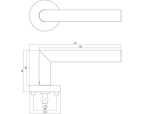 Technische tekening van een deurklink met maatvoering