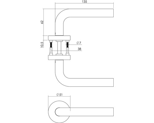 Technische tekening van een deurklink met afmetingen