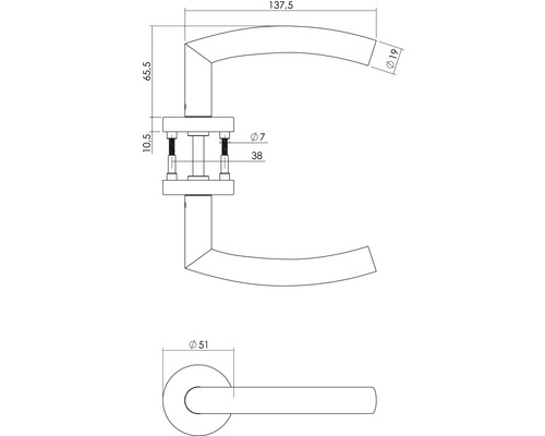 Technische tekening van een deurklink met maatvoering