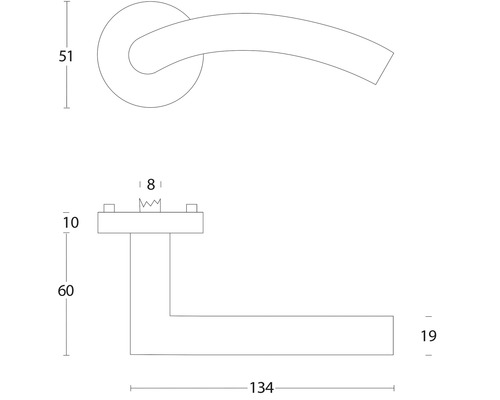 Technische tekening van een deurklink met afmetingen