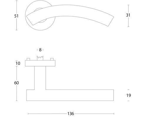 Technische tekening van een deurklink met afmetingen