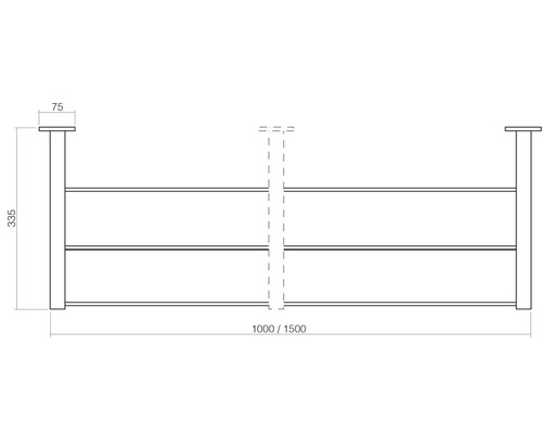 Technische tekening van een rek met drie niveaus en de afmetingen 75, 335, 1000 en 1500.