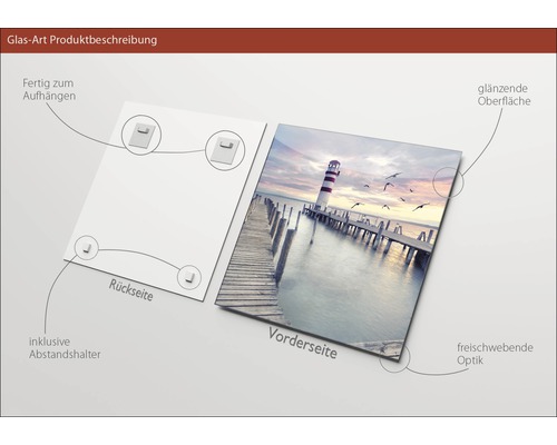 Glasfoto met vuurtorenmotief, inclusief ophanging en afstandhouders