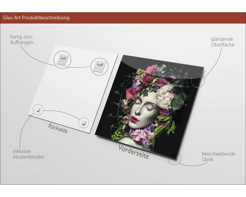 Glasfoto met een vrouw met bloemen, inclusief afstandhouder, glanzend oppervlak en ophangsysteem